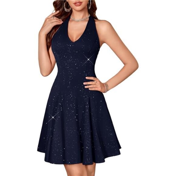 Glitter Sparkle V Neck Cocktail Dress for Women Dark Blue - Picture 1 of 6